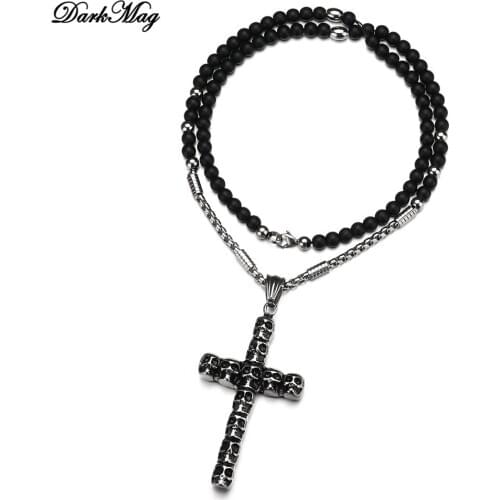 DarkMag New Boy Large Catholic Jesus Cross With Black Bead Carved Rosary Pendant Long Collier Statement Necklace Men Jewelry
