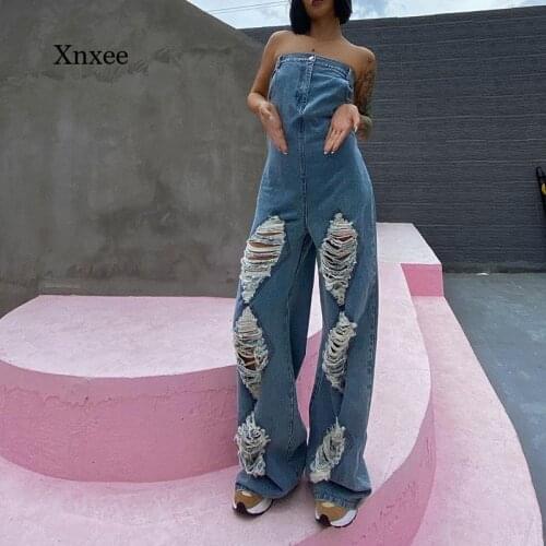 Summer Female Blue Jeans Jumpsuit New Ripped Cool Women High Waist Straight Wide Leg Fashion Hole Slim Sleeveless Denim Rompers