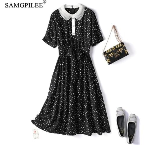 Summer Dress 2021 New Korean Style Beaded Turn Down Collar Polka Dot Figure Slim Over The Knee Chiffon Women Dresses Plus Size