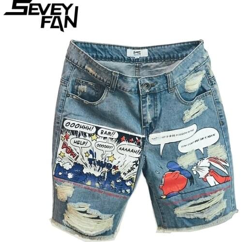 SEVEYFAN Fashion Graffiti Ripped Denim Shorts Mens Summer Broken Hole Short Jeans Streetwear
