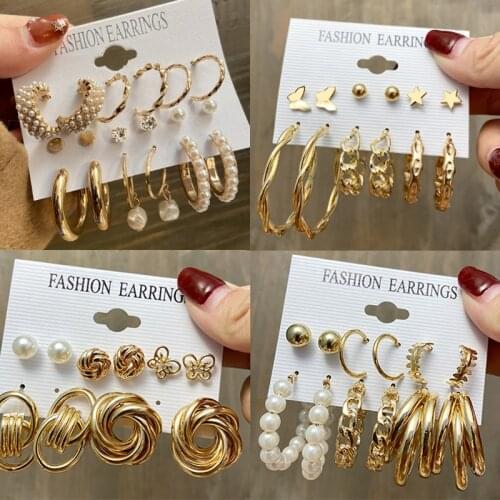 Fashion Pearl Hoop Earrings Set For Women Geometirc Gold Metal Circle Hoop Earrings Brincos 2021 Trend Jewelry Gift