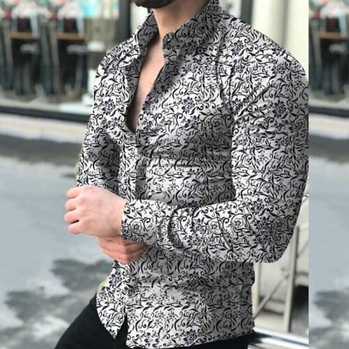Mens Shirt Navy Cardigan Floral Lapel Prinded Long Sleeves Shirt Slim Fit For Daily Casual Muscle Mens Shirts Clothing 2021