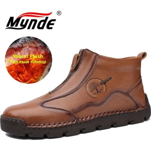 Winter Mens Leather Boots Plush Warm Mens Snow Boots Waterproof Outdoor Men Work Boots Mens Motorcycle Boots Roman Hombre