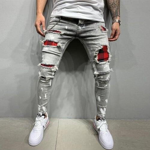 Men Ripped Skinny stretch Patchwork jeans Grid Beggar Patches Slim Fit Denim Pencil Pants High Quality Painting Jogging Trousers