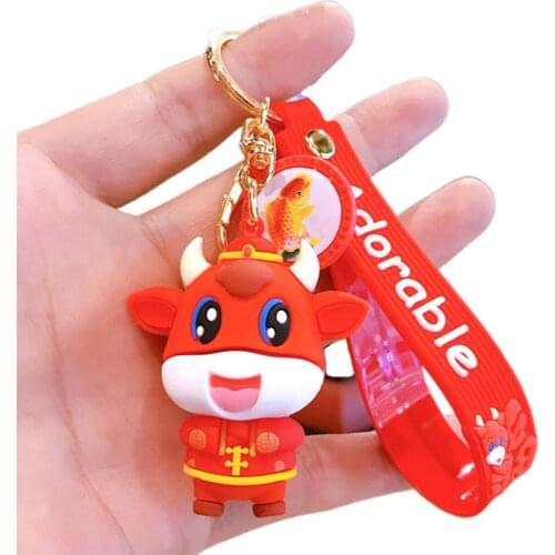 New Year Cartoon Cow Doll Keychain Cute Bag Pendant Car Key Decor Couple Keyring Birthday Gift