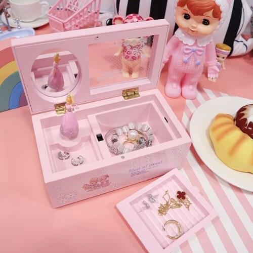 Pink Dancing Girl Music Box Ornament Jewelry Storage Organizer with Makeup Mirror Kids Birthday Gifts