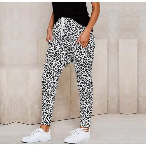 Autumn Ladies Trousers Leopard Printed Lace Up 2020 New Casual Pockets Female Straight Full Pants