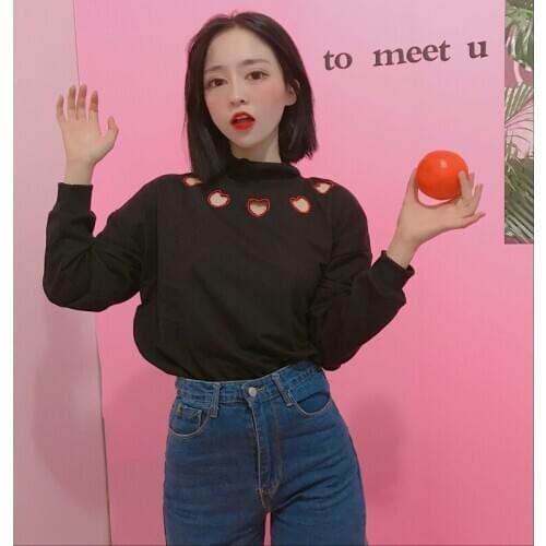 Autunm New Fashion Thin Red Heart Hollow Out Casual Cute Fresh Long Sleeve Female Sweatshirts Womens Clothing