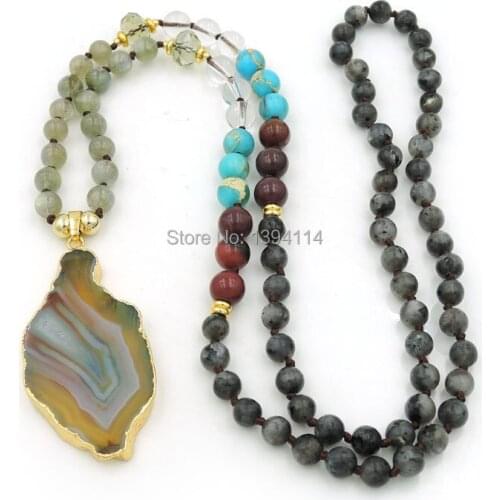 Yellow Agat e Slice Pendants Necklaces Labradorite Clear Quartz Imperial Jaspe r Mookaite Round Beads Knot Handmade