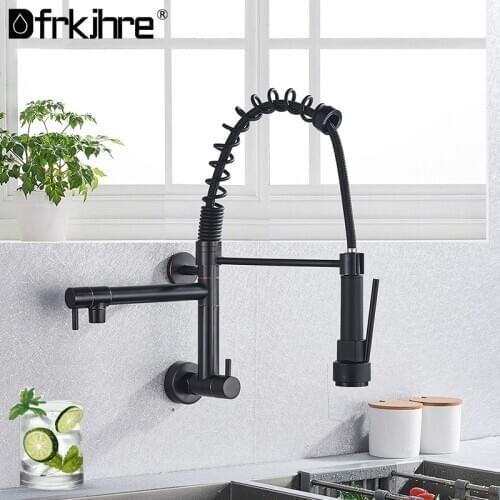 Spring Pull Down Wall Mounted Kitchen Faucet Pull Down Sprayer Dual Spout Single Cold Water Mixer Sink Faucet 360 Rotation Tap