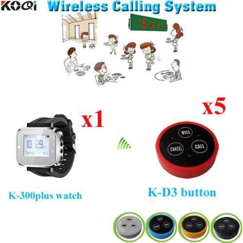 Calling System Most Popular Best Price Wristhand Paging Transmitter 1pcs Watch Receiver With 5pcs Table Buzzer Bell