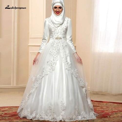 Ivory Muslim SatinTulle Wedding Dress Long Sleeves Lace Appliques Indian Dubai Wedding Gowns 2020 Robe de Mariee Bridal Dresses