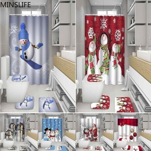 Snowman and Santa Claus Pattern Fabric Shower Curtain Merry Christmas Toilet Cover Bath Mat Rug Set Bathroom Set Holiday Decor