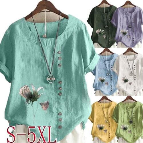 New Womens Summer Leisure Floral Printed Loose T-shirt Retro Round Neck Short Sleeve Top S-5XL