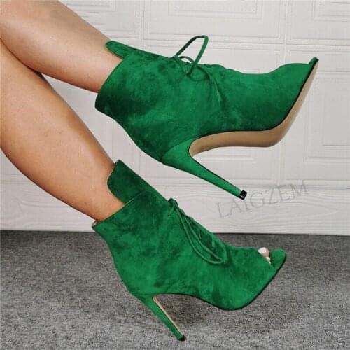 BERZIMER Women Ankle Boots Lace Up Peep Toe Stiletto High Heels Booties Ladies Spring Summer Shoes Woman Plus Size 40 42 44 47