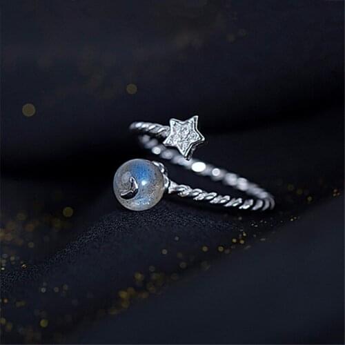 925 Sterling Silver Moonstone Round Bead Star Charm Finger Ring For Women Girls Wedding Jewelry Accessories jz344