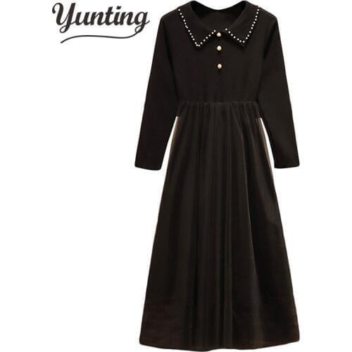 Korean Autumn Winter Dress Elegant Ladies Long Sleeve Knitted Midi Dress High Elstic Mesh Warm Women Dress