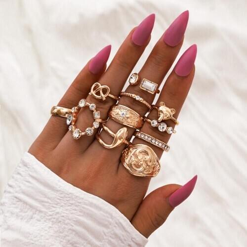 11PCS/SET Bohemian Mixed Fox Dnake Knot Crystal Geometric Joint Ring Set Women Fashion Trend Party Jewelry Girlfriend Gift