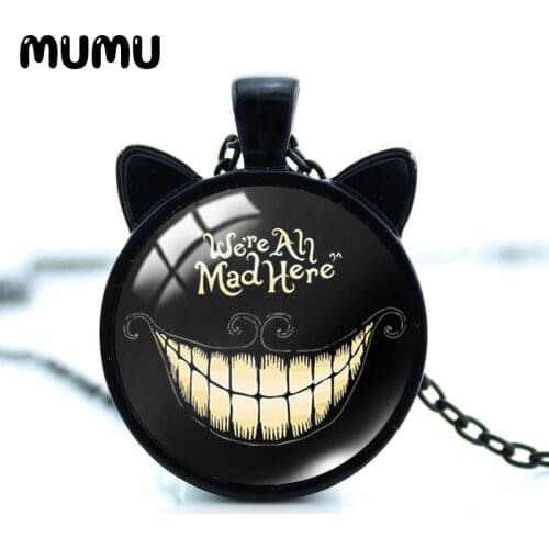 2021 New Cheshire Cat Ear Necklace Pink Cat Glass Dome Pendant Round Photo Jewelry Gifts Girl