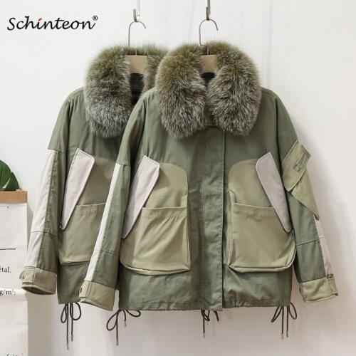 2021 New Schinteon Real Fox Fur Down Jacket Over Size Winter Warm Outwear Big Size Short Coat with Removable Lining Green Color