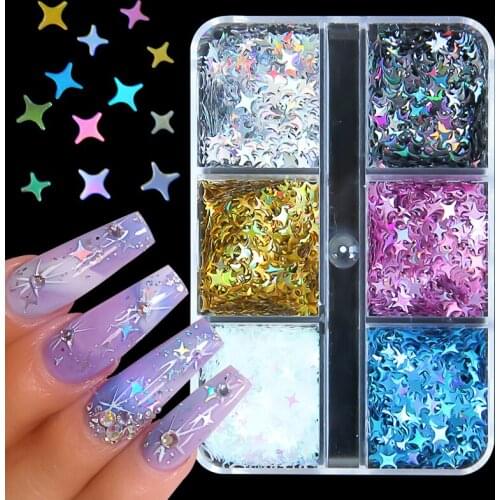 6 Grids/box Holographic Star Heart Snowflake Nail Art Sequins Decoration Shiny Glitter Flakes Polish Manicure 3D Nail Accessory