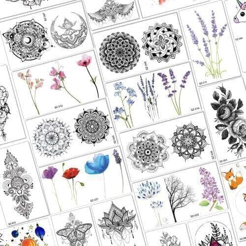 Watercolor Lavender Flower Design Temporary Mandala Tattoos For Women Arm Girls Waterproof Fake Flora Tattoo Paste Mehndi