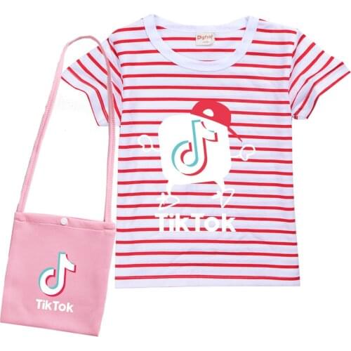 TIK TOK Cartoon Summer Girl Children Striped Short Sleeve T-shirt +Bag Baby Kid Home School Casual T Shirt Tops Tees Clothes