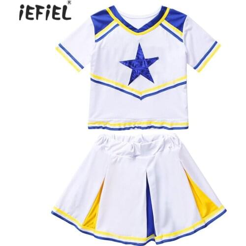 Kids Girls Cheerleader Costume Outfits Short Sleeves Stars Applique Tops with Skirt for School Stage Performance Cosplay Party