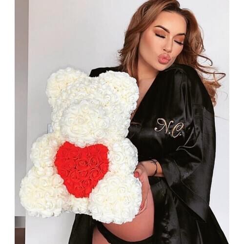 Hot 40cm Artificial Rose Heart Teddy Bear Handmade Bear of Roses For Women Valentines Day Wedding Bithday Gift Drop Shipping