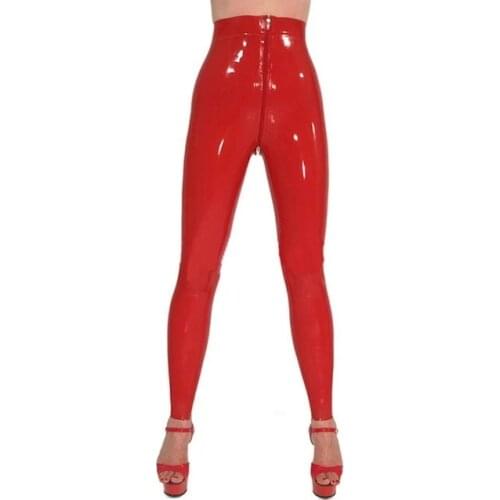 Red Latex Rubber Gummi 0.40mm Legging Pants Trousers Front Zipper