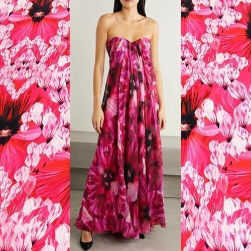 Crepe de chine polyester fabric cloth meter material butterfly orchid printed dress sewing clothing scarf handmade cotton fabric