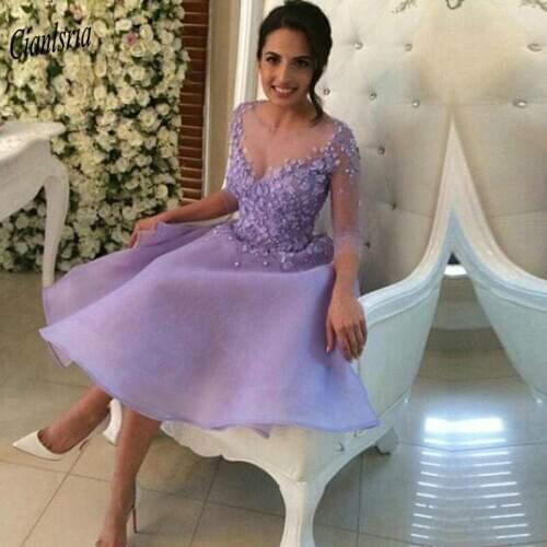 Lavender O-Neck Three Quarter Sleeve Illusion Short Cocktail Dresses Appliques Beading Flowers Prom Party Homecoming Dresses