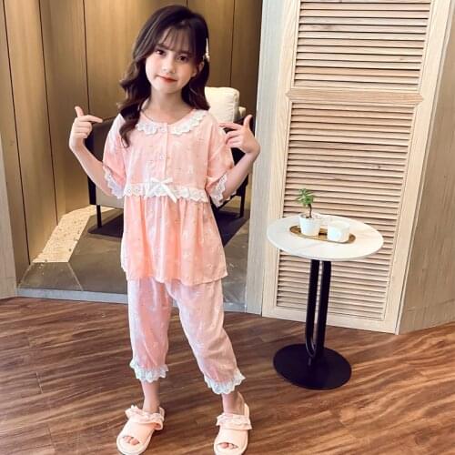 Summer Girls Pajamas Thin Soft Cotton Pyjamas 5 8 10 14 Years Old Kids Leisure Princess Nightwear Children Sleeping Clothes