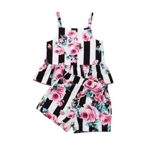2-6Years Fashion Toddler Kids Girl Summer Floral Stripe Tops Shorts Outfits Set Clothes