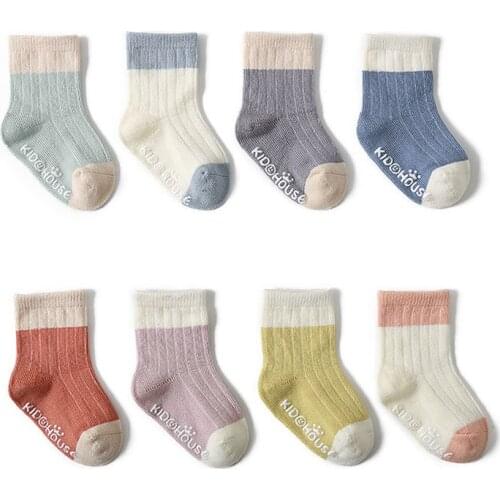 0-3Y Baby Socks Cotton Autumn Spring Cartoon Contrast Kids Floor Socks for Girls Newborn Boys Non-slip Children Socks