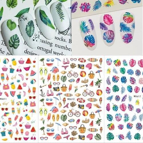 3D Summer Ocean Series Nail Stickers Cute Cartoon Transfer Sliders For Nails Green Leaf Design Decals For Manicures Decoration