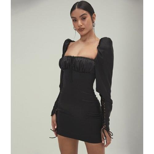 Long Sleeve Dress Tight Cross-border Autumn And Winter Square Collar Ins Wind Solid Color Lantern Sleeve Bag Hip Slim Skirt