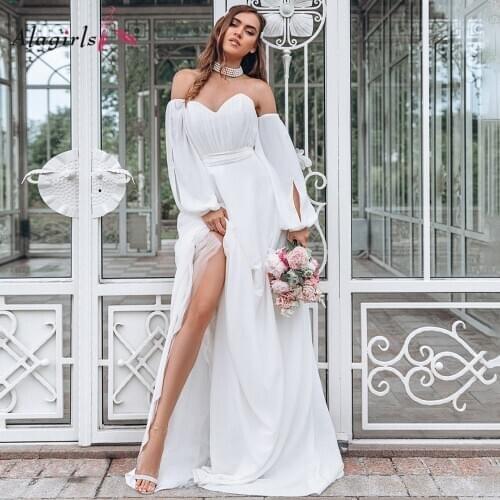 Simple strapless beach wedding dresses Backless lantern sleeves white dress for bride Sexy backless robes plus size