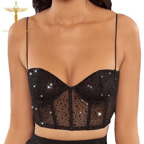 Diamond Sheer Sexy Female Camis Black Tube Top Straps Backless Crop Top High Street Sleeveless High Waist Bodycon Women Top Vest