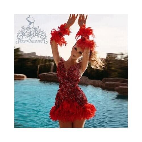 Luxury Beading Feather Red Cocltail Dress Sexy V Neck Illusion 3D Flowers Mini Evening Gowns Short Prom Dress Vestido De Mujer