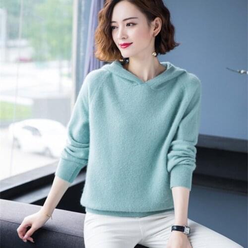 SZDYQH Spring Winter 100% Mink Cashmere Sweater Women Knitted Pullovers Hooded Warm Ladys Grade Up Jumpers Soft Warm Tops