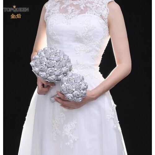TOPQUEEN F3-GY Handmade Bridal Bouquets for Wedding Premium Gray Rose Flower Satin Rose Bridal Bouquet Wedding Accessories