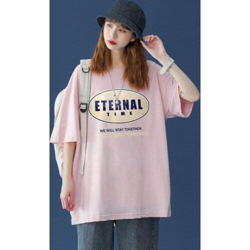 Womans Oversize T-Shirt Summer Cotton Short-Sleeved Round Neck Pullover Letter Printing Casual Loose Trend Female Top