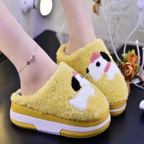 Womens thick floor slippers girls cool dogs pattren faux fur slides ladies winter outdoor winter warm shoes