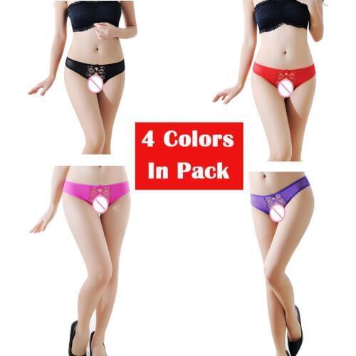 Womens 4 Colors Pack Crotchless Panties Sexy Lace Underwear Cute Breathable Floral Thong Perfect Gift For Girlfriend