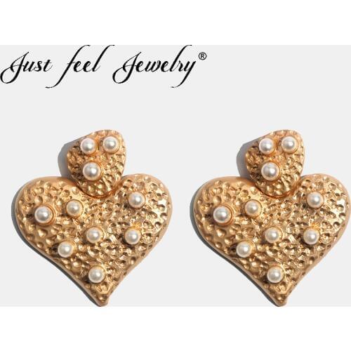 JUST FEEL Fashion Heart Vintage Drop Earrings Women Boho Simulated Pearl Geometric Dangle Earrings Christmas Gold Color Jewelry