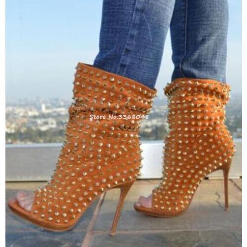 Shoes Woman Heels Sexy Metal Rivets Studded Peep Toe Suede Ankle Boots Stiletto Women Celebrity Yellow Slip On Shoes Real Photos