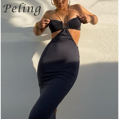 Peling 2021 Autumn Women Sexy White Dress Hollow Out Backless Midi Dress Sleeveless Night Club Vestidos Female Bodycon Robe