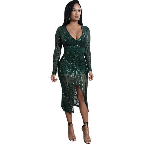 Elegant Sequined Midi Dress Women Sexy V Neck Hem Split Vintage Long Sleeve Women Dress Mesh Patchwork Bodycon Dress Vestidos