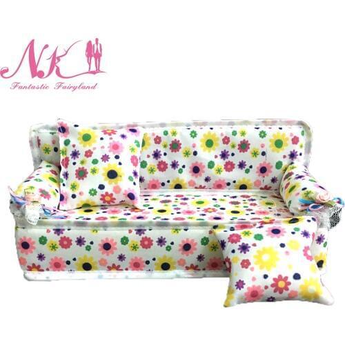 NK Doll Accessories Cute Dollhouse Furniture Flower Cloth Sofa Couch With 2 Cushions For Barbie Doll House Toys Gift DZ 05A